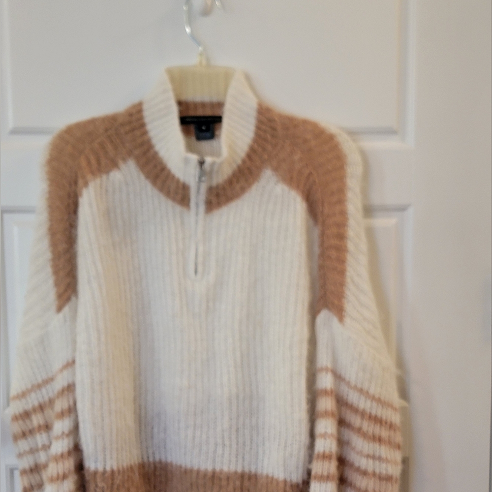 French Connection Winter White & Camel Half-Zip Ribbed Knit Sweater Size Medium - Picture 8 of 11